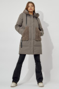 Купить Пальто утепленное с капюшоном зимнее женское  коричневого цвета 442197K, фото 5