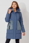Купить Пальто утепленное с капюшоном зимнее женское  синего цвета 442197S, фото 4