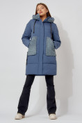 Купить Пальто утепленное с капюшоном зимнее женское  синего цвета 442197S, фото 5