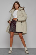 Купить Зимняя женская куртка модная с капюшоном бежевого цвета 51122B, фото 12