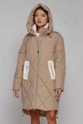 Купить Пальто утепленное с капюшоном зимнее женское светло-коричневого цвета 51128SK, фото 5