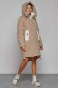 Купить Пальто утепленное с капюшоном зимнее женское светло-коричневого цвета 51128SK, фото 6