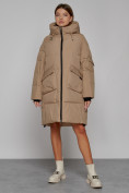 Купить Пальто утепленное с капюшоном зимнее женское светло-коричневого цвета 51139SK