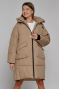 Купить Пальто утепленное с капюшоном зимнее женское светло-коричневого цвета 51139SK, фото 11