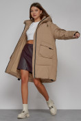 Купить Пальто утепленное с капюшоном зимнее женское светло-коричневого цвета 51139SK, фото 12