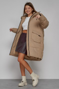 Купить Пальто утепленное с капюшоном зимнее женское светло-коричневого цвета 51139SK, фото 14