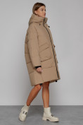 Купить Пальто утепленное с капюшоном зимнее женское светло-коричневого цвета 51139SK, фото 3