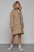 Купить Пальто утепленное с капюшоном зимнее женское светло-коричневого цвета 51139SK, фото 6
