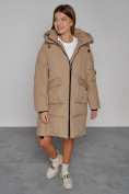Купить Пальто утепленное с капюшоном зимнее женское светло-коричневого цвета 51139SK, фото 9
