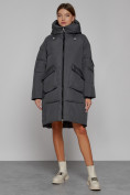 Купить Пальто утепленное с капюшоном зимнее женское темно-серого цвета 51139TC