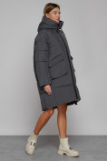 Купить Пальто утепленное с капюшоном зимнее женское темно-серого цвета 51139TC, фото 3