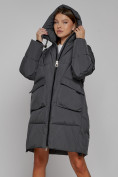 Купить Пальто утепленное с капюшоном зимнее женское темно-серого цвета 51139TC, фото 5