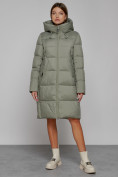 Купить Пальто утепленное с капюшоном зимнее женское зеленого цвета 51155Z