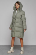 Купить Пальто утепленное с капюшоном зимнее женское зеленого цвета 51155Z, фото 6