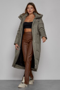 Купить Пальто утепленное с капюшоном зимнее женское цвета хаки 51156Kh, фото 14