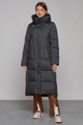 Купить Пальто утепленное с капюшоном зимнее женское темно-серого цвета 51156TC