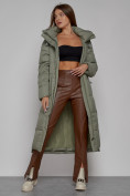 Купить Пальто утепленное с капюшоном зимнее женское зеленого цвета 51156Z, фото 13