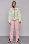 Купить Зимняя женская куртка модная с капюшоном бежевого цвета 512305B, фото 6
