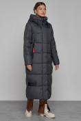 Купить Пальто утепленное с капюшоном зимнее женское темно-серого цвета 52109TC, фото 3