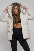 Купить Зимняя женская куртка молодежная с капюшоном бежевого цвета 52301B, фото 10
