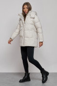 Купить Зимняя женская куртка молодежная с капюшоном бежевого цвета 52301B, фото 3