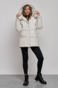 Купить Зимняя женская куртка молодежная с капюшоном бежевого цвета 52301B, фото 5
