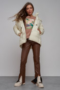 Купить Зимняя женская куртка модная с капюшоном бежевого цвета 52302B, фото 16