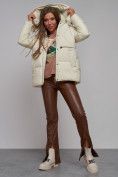 Купить Зимняя женская куртка модная с капюшоном бежевого цвета 52302B, фото 18