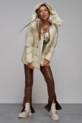 Купить Зимняя женская куртка модная с капюшоном бежевого цвета 52302B, фото 19