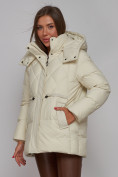 Купить Зимняя женская куртка модная с капюшоном бежевого цвета 52302B, фото 8