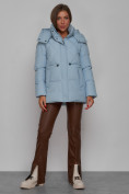 Купить Зимняя женская куртка модная с капюшоном голубого цвета 52302Gl