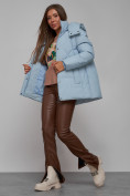Купить Зимняя женская куртка модная с капюшоном голубого цвета 52302Gl, фото 15