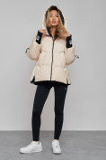 Купить Зимняя женская куртка модная с капюшоном бежевого цвета 52306B, фото 6