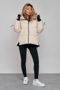 Купить Зимняя женская куртка модная с капюшоном бежевого цвета 52306B, фото 7