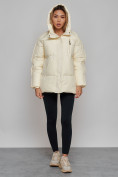 Купить Зимняя женская куртка модная с капюшоном бежевого цвета 52308B, фото 6