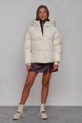 Купить Зимняя женская куртка модная с капюшоном бежевого цвета 52309B