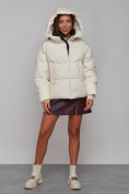 Купить Зимняя женская куртка модная с капюшоном бежевого цвета 52309B, фото 3