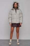 Купить Зимняя женская куртка модная с капюшоном светло-серого цвета 52309SS, фото 5