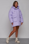 Купить Зимняя женская куртка модная с капюшоном фиолетового цвета 52310F, фото 3