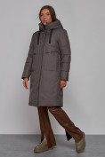 Купить Пальто утепленное молодежное зимнее женское темно-серого цвета 52331TC, фото 2
