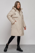 Купить Пальто утепленное с капюшоном зимнее женское бежевого цвета 52333B, фото 3