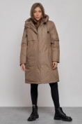 Купить Пальто утепленное с капюшоном зимнее женское коричневого цвета 52333K