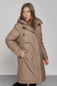 Купить Пальто утепленное с капюшоном зимнее женское коричневого цвета 52333K, фото 10