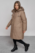 Купить Пальто утепленное с капюшоном зимнее женское коричневого цвета 52333K, фото 11