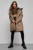 Купить Пальто утепленное с капюшоном зимнее женское коричневого цвета 52333K, фото 12