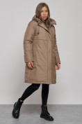 Купить Пальто утепленное с капюшоном зимнее женское коричневого цвета 52333K, фото 2