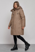 Купить Пальто утепленное с капюшоном зимнее женское коричневого цвета 52333K, фото 3