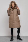 Купить Пальто утепленное с капюшоном зимнее женское коричневого цвета 52333K, фото 5