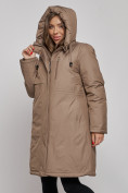 Купить Пальто утепленное с капюшоном зимнее женское коричневого цвета 52333K, фото 6