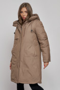 Купить Пальто утепленное с капюшоном зимнее женское коричневого цвета 52333K, фото 8